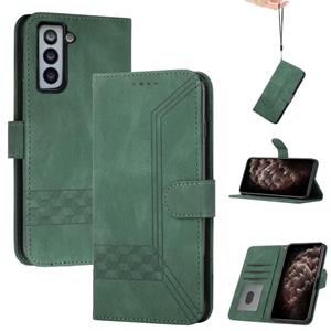 huismerk Voor Samsung Galaxy S21 + 5G Cubic Skin Feel Flip Leren Telefoonhoes (Dark Green)