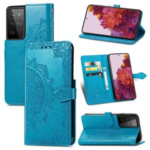 huismerk Voor Samsung Galaxy S30 Ultra Mandala Flower Embossed Horizontal Flip Leather Case met Holder & Three Card Slots & Wallet & Lanyard(Blue)