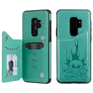 huismerk Voor Galaxy S9+ Skull Head Embossing Pattern Shockproof Protective Case met Holder & Card Slots & Wallet(Groen)