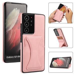 huismerk Voor Samsung Galaxy S21 Ultra 5G ultradunne schokbestendige beschermhoes met houder (ROSE GOUD)