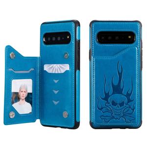 huismerk Voor Galaxy S10 5G Skull Head Embossing Pattern Shockproof Protective Case met Holder & Card Slots & Wallet(Blue)