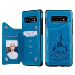 huismerk Voor Galaxy S10+ Skull Head Embossing Pattern Shockproof Protective Case met Holder & Card Slots & Wallet(Blue)