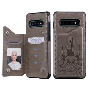 huismerk Voor Galaxy S10+ Skull Head Embossing Pattern Shockproof Protective Case met Holder & Card Slots & Wallet(Grey)