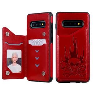 huismerk Voor Galaxy S10+ Skull Head Embossing Pattern Shockproof Protective Case met Holder & Card Slots & Wallet(Red)