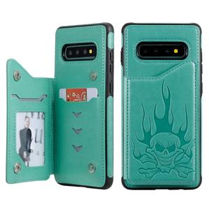 huismerk Voor Galaxy S10+ Skull Head Embossing Pattern Shockproof Protective Case met Holder & Card Slots & Wallet(Groen)