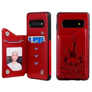 huismerk Voor Galaxy S10 Skull Head Embossing Pattern Shockproof Protective Case met Holder & Card Slots & Wallet(Red)