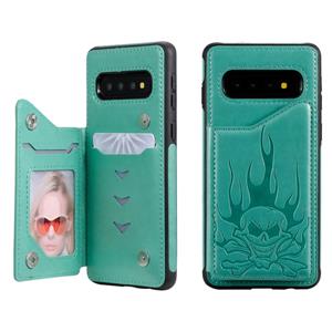 huismerk Voor Galaxy S10 Skull Head Embossing Pattern Shockproof Protective Case met Holder & Card Slots & Wallet(Green)