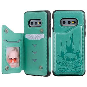 huismerk Voor Galaxy S10e Skull Head Embossing Pattern Shockproof Protective Case met Holder & Card Slots & Wallet(Groen)