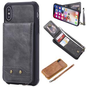 huismerk Voor iPhone XS / X Vertical Flip Shockproof Leather Protective Case met Short Rope Support Card Slots & Bracket & Photo Holder & Wallet Function(Gray