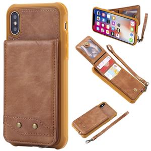 huismerk Voor iPhone XS / X Vertical Flip Shockproof Leather Protective Case met Short Rope Support Card Slots & Bracket & Photo Holder & Wallet Function(Brow