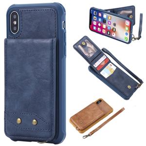 huismerk Voor iPhone XS / X Vertical Flip Shockproof Leather Protective Case met Short Rope Support Card Slots & Bracket & Photo Holder & Wallet Function(Blue