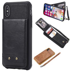 huismerk Voor iPhone XS / X Vertical Flip Shockproof Leather Protective Case met Short Rope Support Card Slots & Bracket & Photo Holder & Wallet Function(Blac