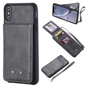 huismerk Voor iPhone XS Max Vertical Flip Shockproof Leather Protective Case met Short Rope Support Card Slots & Bracket & Photo Holder & Wallet Function(Gray