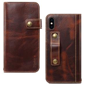 Voor iPhone XR Denior Oil Wax Cowhide DK Magnetic Button Horizontal Flip Leather Case met Holder & Card Slots & Wallet(Brown)