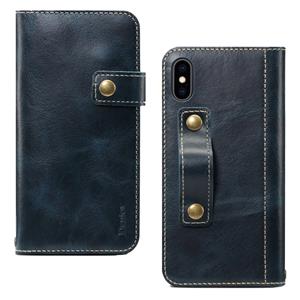 Voor iPhone XR Denior Oil Wax Cowhide DK Magnetic Button Horizontal Flip Leather Case met Holder & Card Slots & Wallet(Donkerblauw)