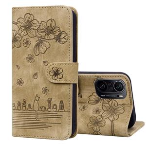 huismerk Voor Xiaomi Redmi K40 / K40 Pro / Poco F3 / Mi 11i Cartoon Sakura Cat reliëf lederen telefoonhoes