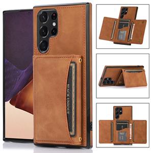 huismerk Voor Samsung Galaxy S22 Ultra Three-Fold Lederen Telefoonhoesje Met Kaart Slot & Portemonnee & Houder (Brown)