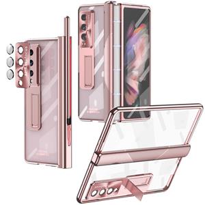 huismerk Voor Samsung Galaxy Z Fold3 5G Magnetische Scharnieren Plating Telefoon Case met Houder (Rose Goud)