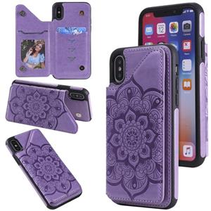 huismerk Bloem embossing patroon schokbestendige beschermhoes met houder & kaart slots & foto frame voor iPhone XS / X (paars)