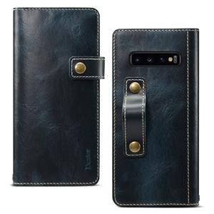 Voor Galaxy S10 Plus Denior Oil Wax Cowhide DK Magnetic Button Horizontal Flip Leather Case met Holder & Card Slots & Wallet(Dark Blue)