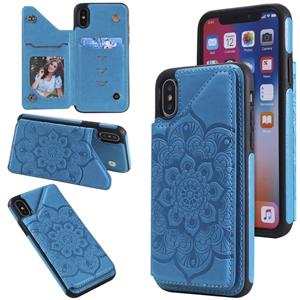 huismerk Bloem embossing patroon schokbestendige beschermhoes met houder & kaart slots & foto frame voor iPhone XS / X (blauw)