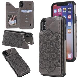 huismerk Bloem reliëf patroon schokbestendige beschermhoes met houder & kaart slots & foto frame voor iPhone XS / X (grijs)