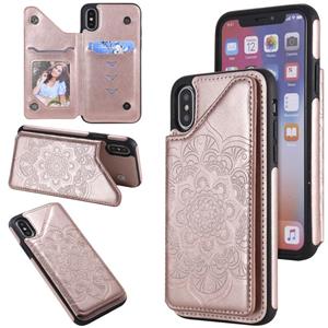 huismerk Bloem embossing patroon schokbestendige beschermhoes met houder & kaart slots & foto frame voor iPhone XS / X (rose goud)