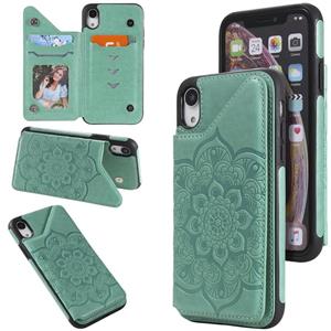 huismerk Bloem embossing patroon schokbestendige beschermhoes met houder & kaart slots & foto frame voor iPhone XR (groen)