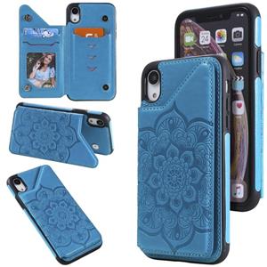 huismerk Bloem reliëf patroon schokbestendige beschermhoes met houder & kaart slots & foto frame voor iPhone XR (blauw)