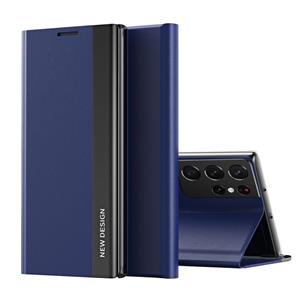 huismerk Voor Samsung Galaxy Note20 Ultra Side Gegalvaniseerde Magnetische Ultra-Dunne Horizontale Flip Lederen Hoesje met Houder (Donkerblauw)