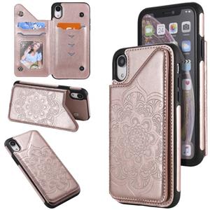 huismerk Bloem embossing patroon schokbestendige beschermhoes met houder & kaart slots & foto frame voor iPhone XR (rose goud)