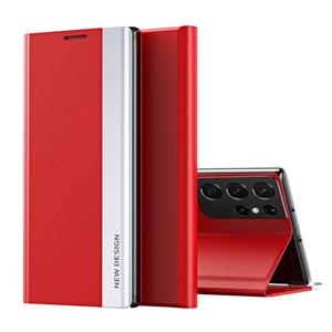 huismerk Voor Samsung Galaxy Note20 Ultra Side Gegalvaniseerde Magnetische Ultra-Dunne Horizontale Flip Lederen Hoesje met Houder (Rood)