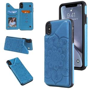 huismerk Bloem embossing patroon schokbestendige beschermhoes met houder & kaart slots & foto frame voor iPhone XS Max (blauw)