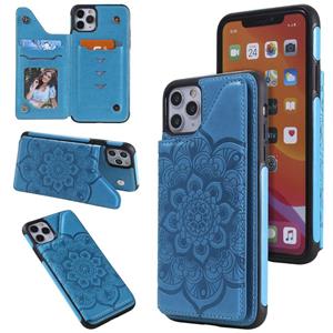 huismerk Bloem embossing patroon schokbestendige beschermhoes met houder & kaart slots & foto frame voor iPhone 11 Pro Max (blauw)