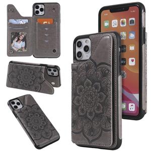 huismerk Bloem embossing patroon schokbestendige beschermhoes met houder & kaart slots & foto frame voor iPhone 11 Pro Max (grijs)