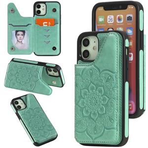 huismerk Bloem reliëf patroon schokbestendige beschermhoes met houder & kaart slots & foto frame voor iPhone 12 mini (groen)