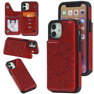 huismerk Bloem embossing patroon schokbestendige beschermhoes met houder & kaart slots & foto frame voor iPhone 12 mini (rood)