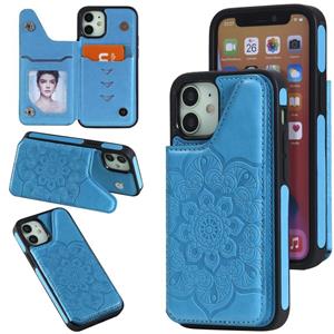 huismerk Bloem embossing patroon schokbestendige beschermhoes met houder & kaart slots & foto frame voor iPhone 12 mini (blauw)