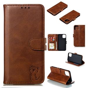 huismerk Reliëf Happy Cat Pattern Horizontale Flip Leren Case met Houder & Card Slots & Portemonnee voor iPhone 13 Mini (Brown)