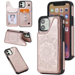 huismerk Bloem embossing patroon schokbestendige beschermhoes met houder & kaart slots & foto frame voor iPhone 12 mini (rose goud)