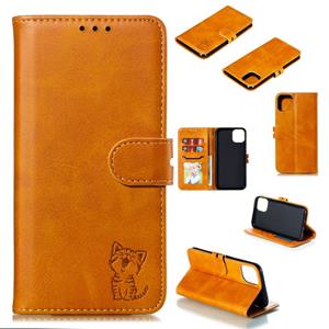 huismerk Reliëf Happy Cat Pattern Horizontale Flip Lederen Case met Houder & Kaart Slots & Portemonnee voor iPhone 13 Pro Max