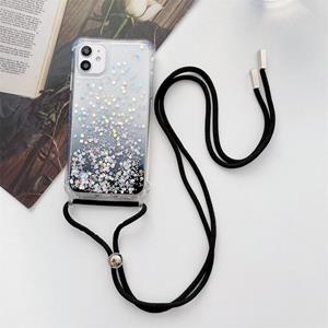 huismerk Gradiënt glitter poeder epoxy tpu verdikt acryl shockproof case met ronde hals lanyard voor iphone 13 mini