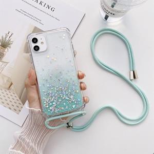 huismerk Gradiënt glitter poeder epoxy tpu verdikt acryl shockproof case met ronde hals lanyard voor iphone 13 mini (gletsjer blauw)