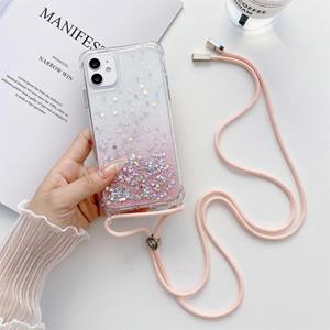 huismerk Gradiënt glitter poeder epoxy tpu verdikt acryl shockproof case met ronde hals lanyard voor iphone 13 mini