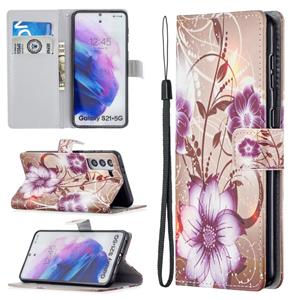 huismerk Voor Samsung Galaxy S21 + 5G Gekleurde Tekening Patroon Horizontale Flip PU Lederen Case met Houder & Card Slots & Wallet & Lanyard (Lotus)