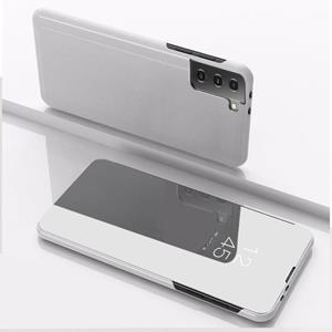 huismerk Voor Samsung Galaxy S21 + 5G Plated Mirror horizontale flip lederen hoesje met houder (zilver)