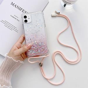 huismerk Gradiënt glitter poeder epoxy tpu verdikt acryl shockproof case met ronde hals lanyard voor iphone 13