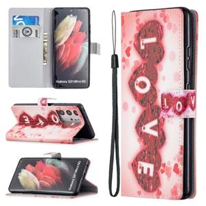 huismerk Voor Samsung Galaxy S21 Ultra 5G Gekleurde Tekening Patroon Horizontale Flip PU Lederen Case met Houder & Card Slots & Wallet & Lanyard (Love)