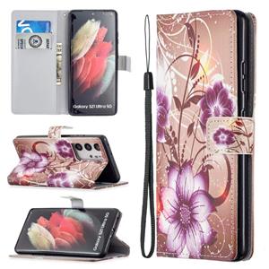 huismerk Voor Samsung Galaxy S21 Ultra 5G Gekleurde Tekening Patroon Horizontale Flip PU Lederen Case met Houder & Card Slots & Wallet & Lanyard (Lotus)