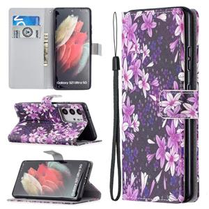 huismerk Voor Samsung Galaxy S21 Ultra 5G Gekleurde Tekening Patroon Horizontale Flip PU Lederen Case met Houder & Card Slots & Wallet & Lanyard (Lily)